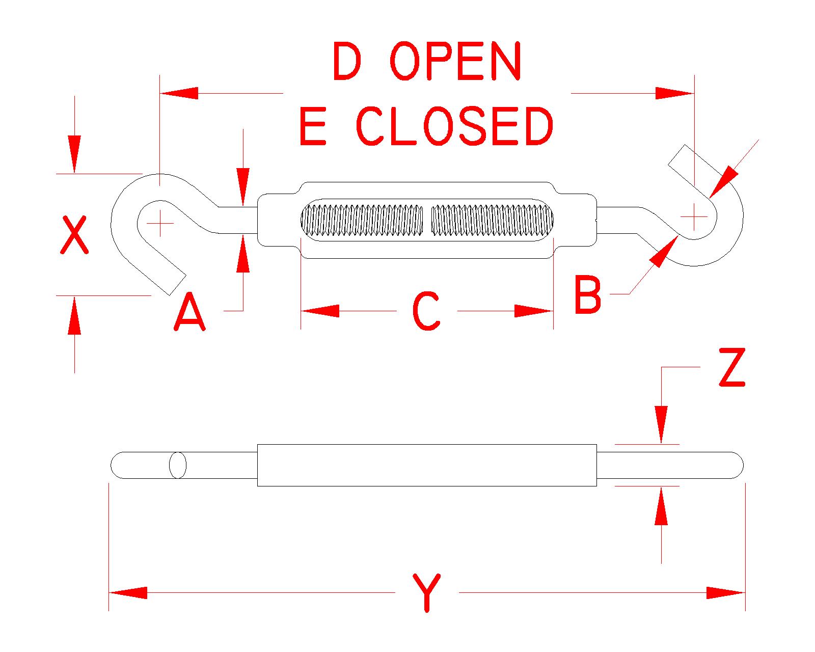 Aluminum and Stainless Steel Hook and Hook Turnbuckle, light duty, A0154-HH05-A, A0154-HH07-A, A0154-HH08-A, A0154-HH10-A, Line Drawing